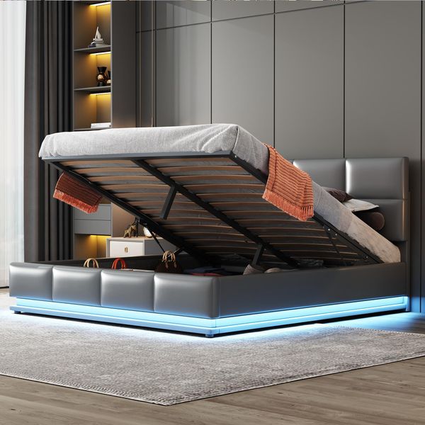 Letto Imbottito Merax 160X200Cm Con Rete E Led, Testata Regolabile In Altezza E Contenitore Idraulico, Letto Matrimoniale In Pelle Finta, Grigio-image