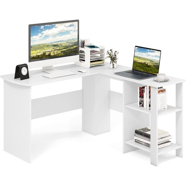 Costway Scrivania A L, Scrivania Angolare Con 2 Fori Per Cavi E Vani Portaoggetti, Scrivania Angolare, Scrivania Per Computer, Scrivania Per Casa O Ufficio, 130 X 130 X 74 Cm (Bianco)-image