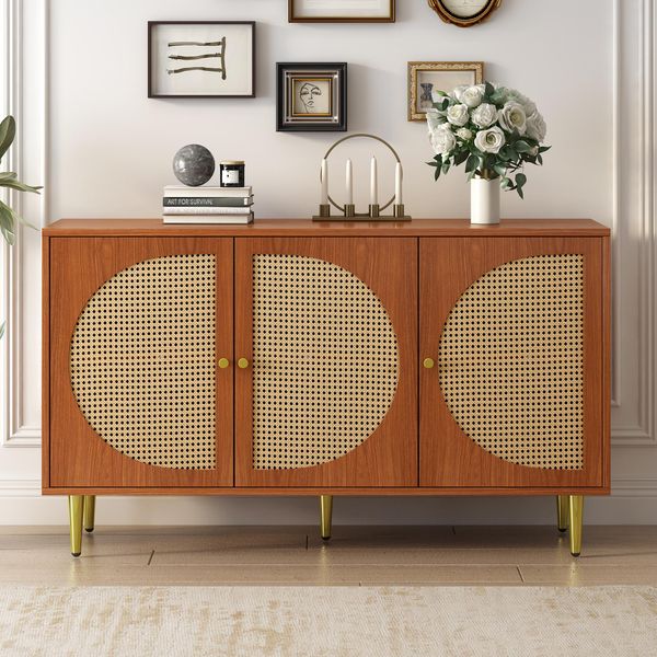 Cassettiera Merax Con 6 Scomparti, 3 Ante In Rattan E Gambe In Metallo, Mobili Da Soggiorno In Rattan In Legno Massiccio In Stile Vintage, 129,8*40*76Cm-image
