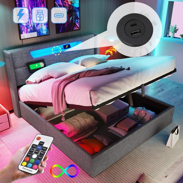 Letto Imbottito Flieks 160X200 Con Usb E Tipo C, Letto A Molle Con Rete A Doghe, Letto Per Ragazzi Con Led, Letto Contenitore Idraulico Letto Matrimoniale, Biancheria, Grigio-image