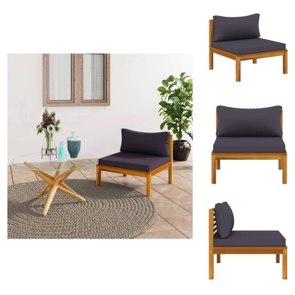 Vidaxl Divano Centrale Modulare Con Cuscini Grigio Scuro In Legno Massiccio Di Acacia - Elementi Per Divani Da Giardino-image