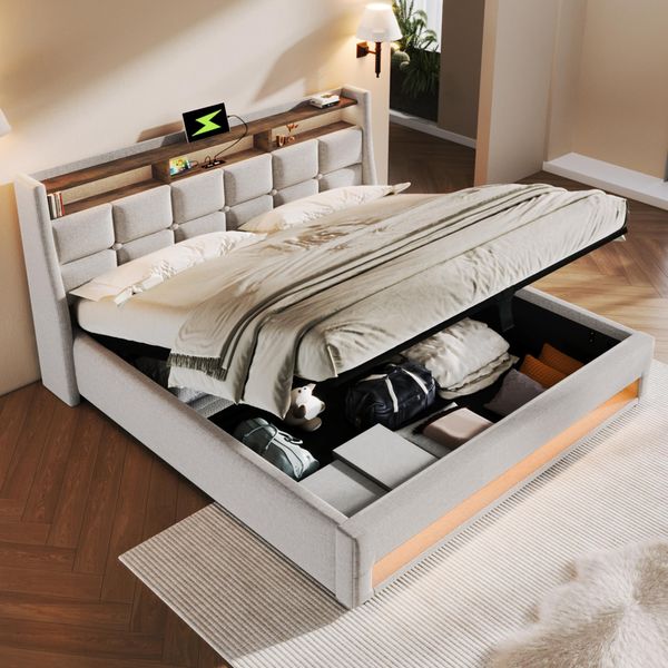 Letto Imbottito Flieks 160X200Cm Con Usb, Letto Per Ragazzi Letto Matrimoniale Con Rete A Doghe E Contenitore, Letto Contenitore Con Led, Lino, Beige-image