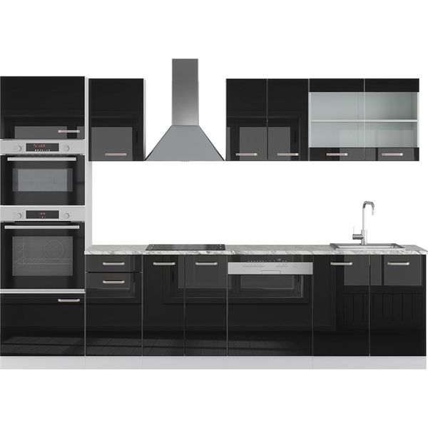 Vicco Cucina Componibile R-Line, 300 Cm Con Armadio Alto, Con Piano Di Lavoro, Nero Lucido/Bianco-image
