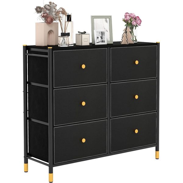Cassettiera In Tessuto Costway Con 5 Cassetti, Cassettiera Con Struttura In Metallo, Credenza Con Piedini Regolabili E Protezione Antiribaltamento, Ripiano A Cestino Per Soggiorno, Camera Da Letto, Corridoio (6 Cassetti)-image