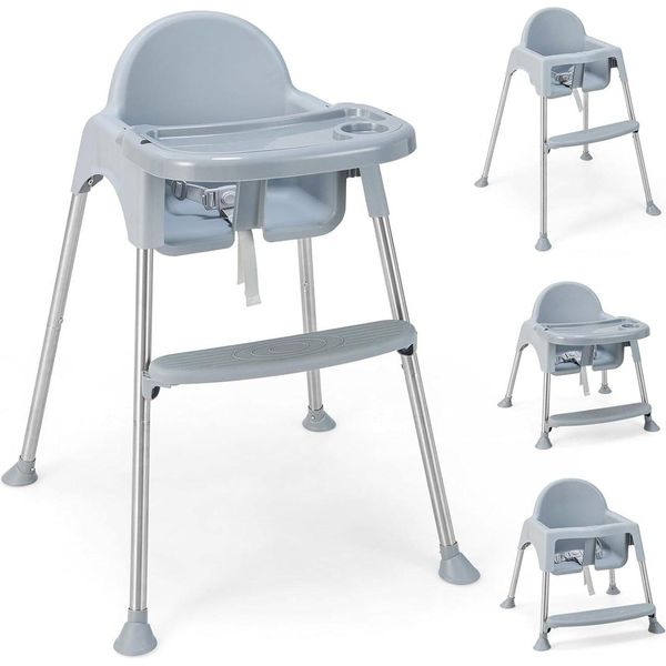 Costway 4 In 1 Seggiolone Per Bambini In Pp E Acciaio Inox, Seggiolone Convertibile Con Doppio Vassoio Rimovibile, Cintura Di Sicurezza A 3 Punti, Seggiolone Combinato Per Bambini Da 6 A 36 Mesi (Grigio)-image