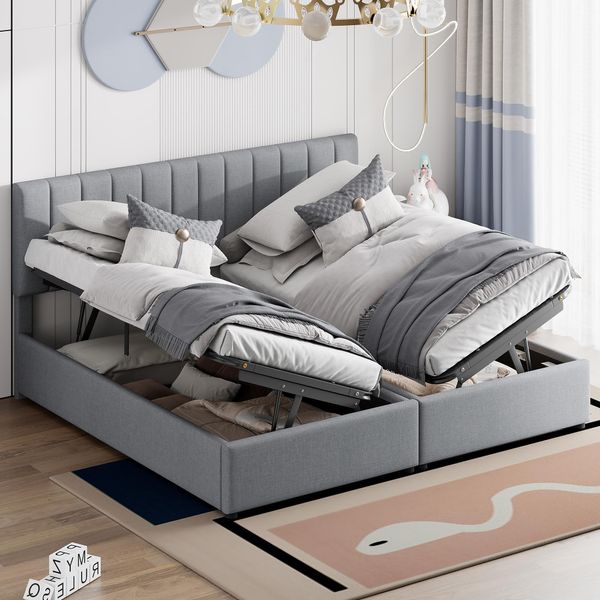 Letto Imbottito Flieks 180X200Cm Con Rete A Doghe, Letto A Molle Con Contenitore, Letto Idraulico Per Ragazzi Letto Matrimoniale Per Bambini, Biancheria, Grigio-image