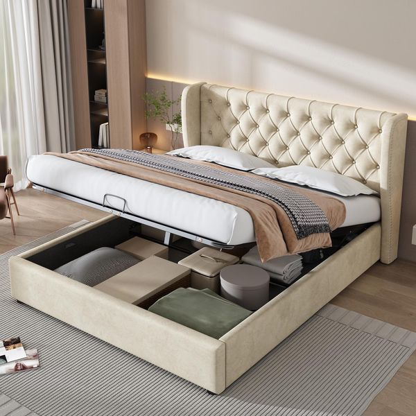 Letto Imbottito Flieks 180X200Cm, Letto A Molle Idrauliche Con Rete A Doghe, Letto Contenitore Letto Matrimoniale Letto Giovanile Con Contenitore, Letto Funzionale In Velluto, Beige-image