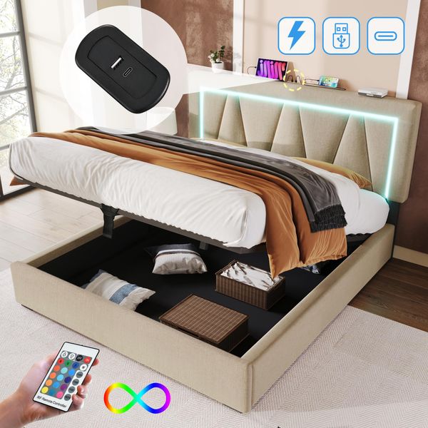 Letto Imbottito Merax Led 160X200Cm Con Funzione Di Ricarica Usb E Type-C, Letto A Molle Idrauliche Con Contenitore, Letto Contenitore Matrimoniale, Beige-image