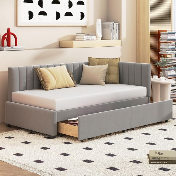 Merax Daybed 90X200Cm Divano Letto Con 2 Cassetti E Rete A Doghe, Letto Imbottito In Velluto Letto Per Bambini Daybed Divano Letto Con Braccioli, Grigio-image