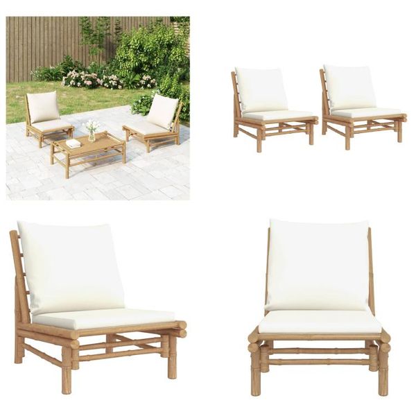 Vidaxl Sedie Da Giardino 2 Pezzi Con Cuscini Bianchi Crema Bambù - Sedia Da Giardino - Sedie Da Giardino - Sedia Da Esterno - Sedia Da Patio-image