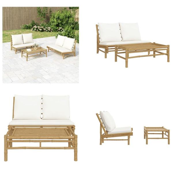 Vidaxl Set Da Salotto Da Giardino 2 Pezzi Con Cuscini Bianchi Crema Bambù - Set Da Salotto Da Giardino - Set Da Salotto - Set Da Salotto Terrazza-image