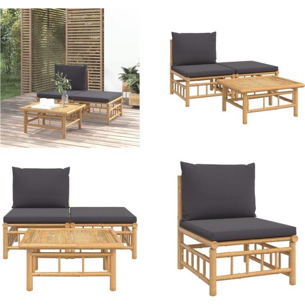 Vidaxl Set Da Salotto Da Giardino In 3 Pezzi Con Cuscini Grigio Scuro In Bambù - Set Da Salotto Da Giardino - Set Da Salotto - Set Da Arredo Da Giardino-image