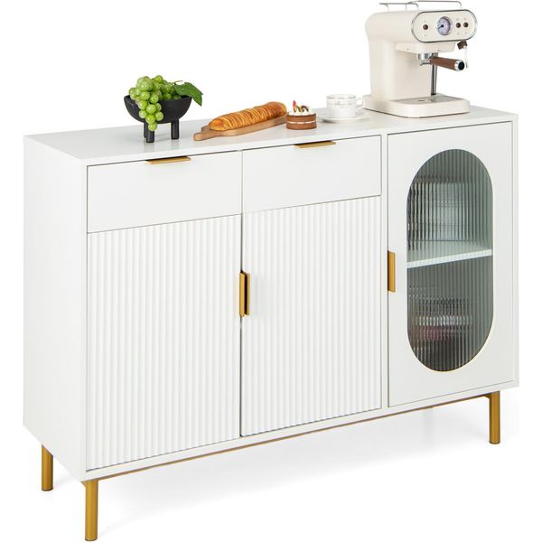 Mobile Buffet Costway, Credenza Da Cucina Con 2 Cassetti Spaziosi 2 Grandi Armadi Con Ante E Gambe In Metallo, Elegante Mobile Contenitore Indipendente Per Sala Da Pranzo, Cucina, Soggiorno, Bianco-image