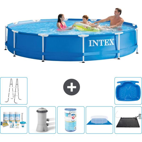 Piscina Intex Con Struttura Rotonda - 366 X 76 Cm - Blu - Include Pacchetto Di Manutenzione - Pompa Filtro Per Piscina - Filtro - Copertura Del Terreno - Tappeto Solare - Scaletta-image