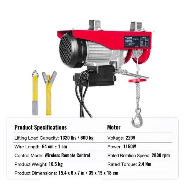 Paranco Elettrico A Fune, Portata Da 400-800 Kg, Telecomando Senza Fili, Wireless 600 Kg-image