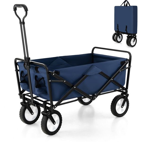 Costway Carrello Da Giardino Pieghevole Con Maniglia Regolabile E Portabicchieri Fino A 68 Kg Per La Spesa, Il Campeggio Blu-image