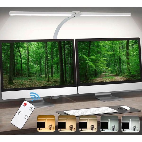 Lampada Da Scrivania A Led Dimmerabile A Doppia Testa 80Cm, 24W Lampada Da Lettura A Morsetto 5 Colori Di Luce, Lampada Per Monitor Telecomando Flessibile Ufficio Studio, Bianco-image