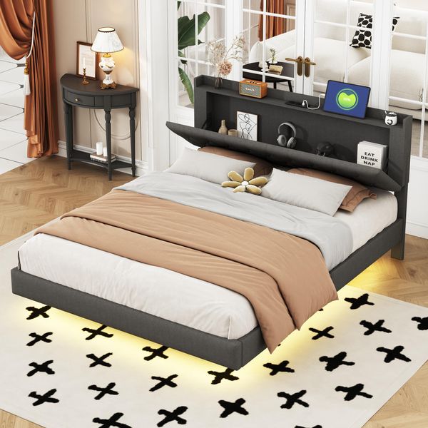 Letto Imbottito Flieks 160X200Cm Con Usb, Letto Matrimoniale Letto Per Ragazzi Con Led, Letto Classico Letto In Legno Con Testata Contenitore E Rete A Doghe, Lino, Grigio-image