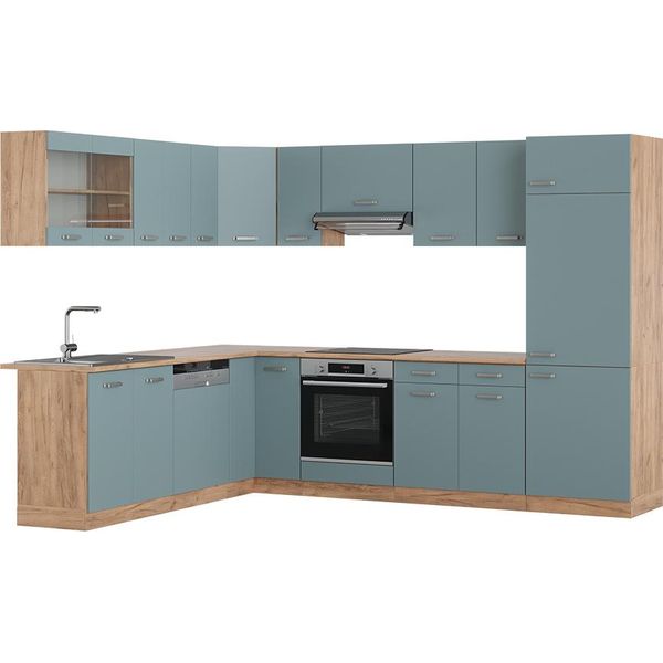 Vicco Cucina Angolare Completa R-Line, 227 X 287 Cm , Pt Rovere, Rovere Blu-Grigio/Oro-image