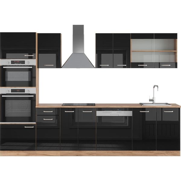 Vicco Cucina Componibile R-Line, 300 Cm Con Armadio Alto, Senza Piano Di Lavoro, Nero Lucido/Quercia Dorata-image