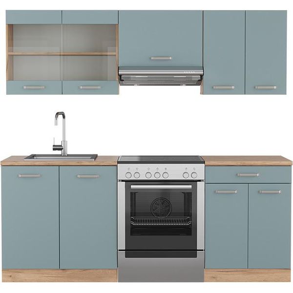 Vicco Cucina Componibile R-Line, 200 Cm Senza Piano Di Lavoro, Grigio-Blu/Quercia Dorata-image