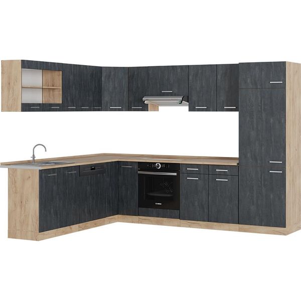 Vicco Cucina Angolare Completa R-Line, 227 X 287 Cm Pt Rovere, Calcestruzzo Nero/Quercia Dorata-image