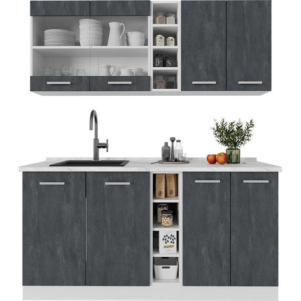 Vicco Cucina Completa R-Line, 160 Cm Pt Marmo, Nero Cemento/Bianco-image