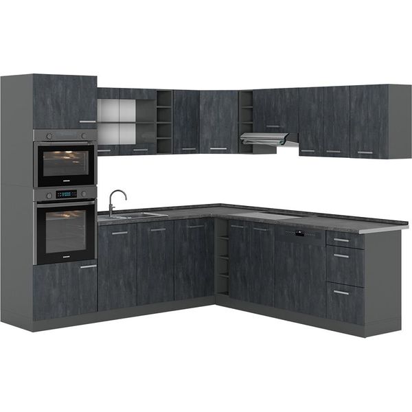 Vicco Cucina Angolare Completa R-Line, 237 X 247 Cm Senza Piano Di Lavoro, Calcestruzzo Nero/Antracite-image