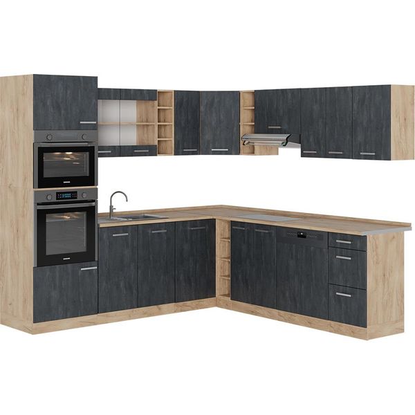 Vicco Cucina Angolare Completa R-Line, 237 X 247 Cm Senza Piano Di Lavoro, Calcestruzzo Nero/Quercia Dorata-image