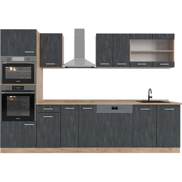 Vicco Cucina Componibile R-Line, 300 Cm Pt Rovere, Calcestruzzo Nero/Quercia Dorata-image