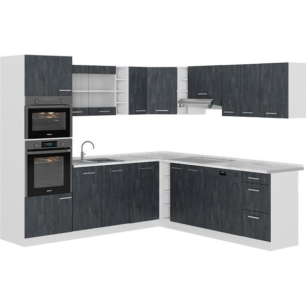 Vicco Cucina Angolare Completa R-Line, 237 X 247 Cm Pt Marmo, Nero Cemento/Bianco-image