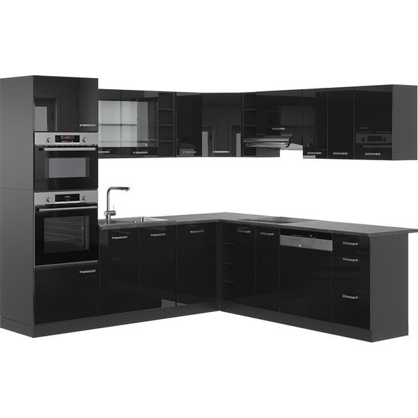 Vicco Cucina Angolare Completa R-Line, 237 X 247 Cm , Pt Antracite, Nero Lucido/Antracite-image