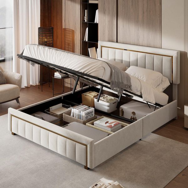 Letto Imbottito Fortuna Lai 140X200Cm, Letto Contenitore Funzionale, Letto Matrimoniale, Rete A Sollevamento Idraulico E Rete A Doghe, Velluto, Beige-image