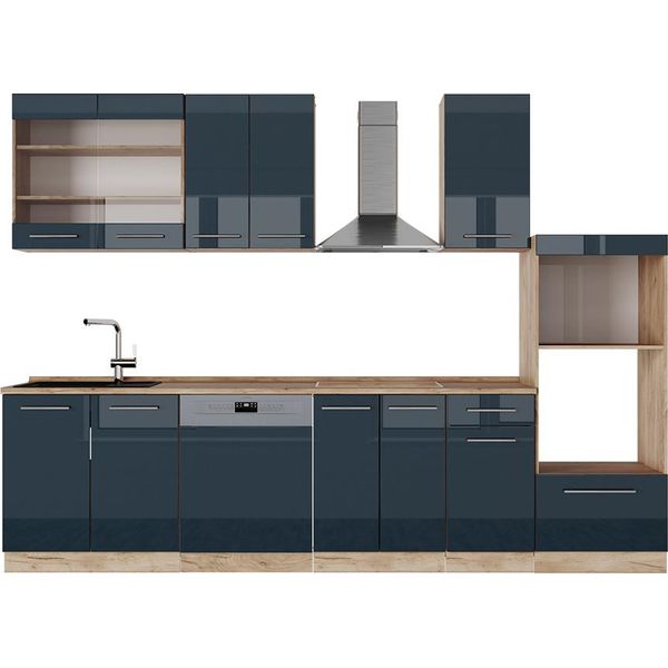 Vicco Cucina Componibile Fame-Line, 300 Cm Con Armadio Alto, Pt Rovere, Blu Scuro Lucido/Rovere Dorato-image