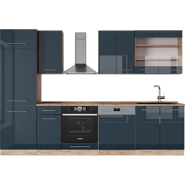Vicco Cucina Componibile Fame-Line, 300 Cm Senza Piano Di Lavoro, Blu Scuro Lucido/Rovere Dorato-image