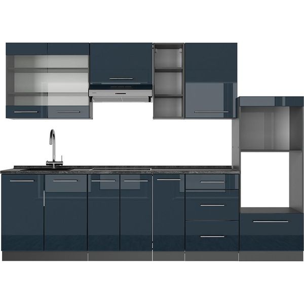 Vicco Cucina Componibile Fame-Line, 280 Cm Senza Piano Di Lavoro, Blu Scuro Lucido/Antracite-image