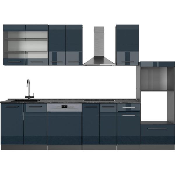 Vicco Cucina Componibile Fame-Line, 300 Cm Con Armadio Alto, Senza Piano Di Lavoro, Blu Scuro Lucido/Antracite-image