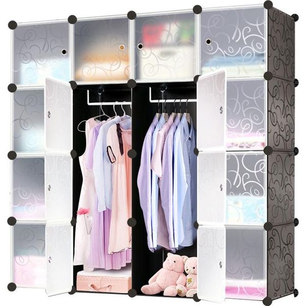 Yuenfong Armadio Sistema Di Scaffalatura Portascarpe Armadio Combinato Modulare, Sistema Di Scaffalatura Plug-In Salvaspazio, Libreria Armadio Portatile Pieghevole Con Ante (16 Cubi, Nero)-image