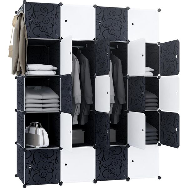Yuenfong Sistema Di Scaffalatura Guardaroba Portascarpe Con Barra Appendiabiti, Armadio Modulare Combinato, Sistema Di Scaffalatura Plug-In Salvaspazio, Libreria Armadio Portatile Pieghevole Con Ante (20 Cubi, Nero+Bianco)-image