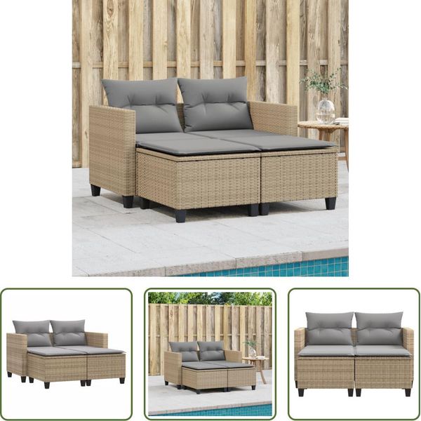 The Living Store Divano Da Giardino A 2 Posti Con Sgabelli Beige Poly Rattan-image