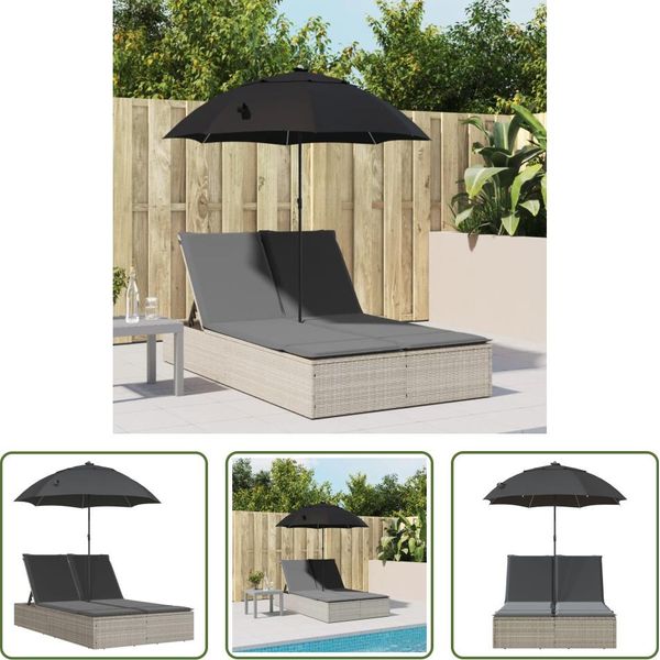 The Living Store Lettino Prendisole Doppio Con Cuscino E Ombrellone In Rattan Grigio Chiaro-image