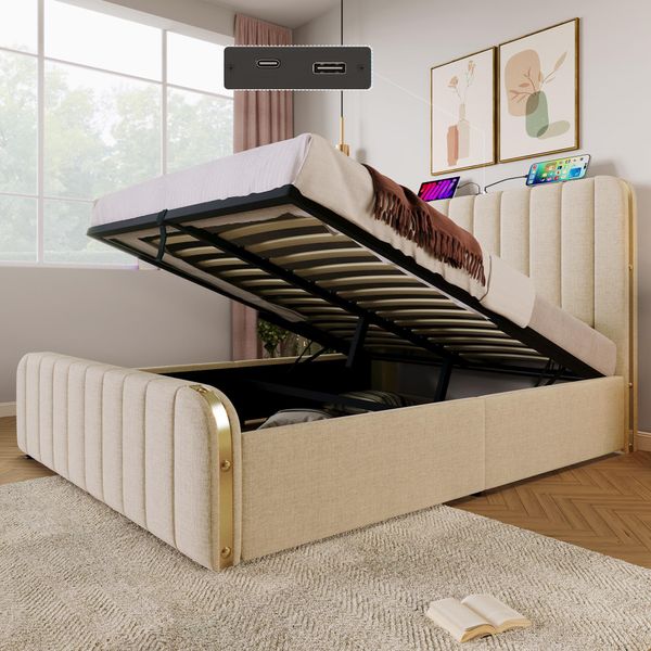 Letto Imbottito Flieks 160X200Cm Con Funzione Di Ricarica (Usb, Type-C), Letto Matrimoniale Contenitore Con Rete A Doghe, Letto A Molle Idrauliche Per Ragazzi, Biancheria-image