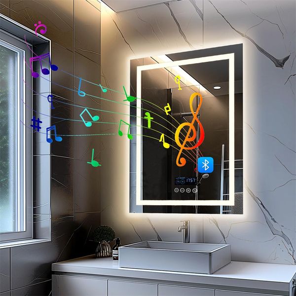 Wisfor Specchio Da Bagno A Led Con Altoparlante Bluetooth, Specchio Da Bagno 70×90 Cm Con Illuminazione A 3 Colori, Specchio Da Parete A Led Dimmerabile Senza Nebbia-image