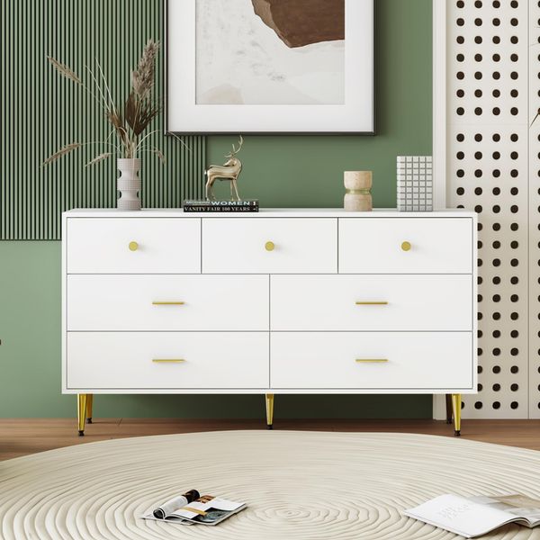 Cassettiera Merax Con 7 Cassetti, Credenza Con Piedi In Metallo, Credenza Scandi, Cassettiera Buffet, 140X35X76Cm, Bianco-image