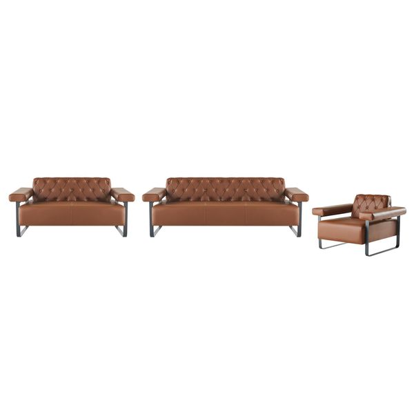 Divani Completi In Pelle Marrone Acciaio Inox Divano 3 Posti 2 Posti Chesterfield-image