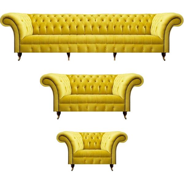 Set Di Divani Chesterfield Gialli Mobili Da Salotto Divano Divano Poltrona Tessile-image