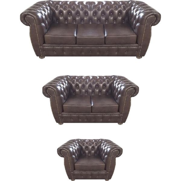 Set Completo Chesterfield 3 Pezzi Divano Soggiorno Marrone Divani Arredamento-image