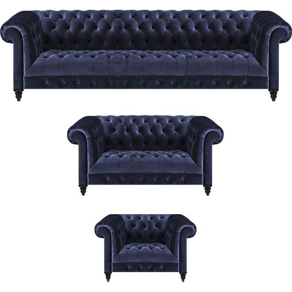 Set Di Divani Chesterfield Blu Set Di 3 Pezzi Arredamento Per Il Soggiorno Mobili Imbottiti-image