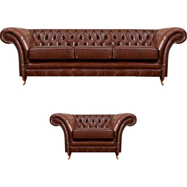 Set Marrone 2 Pezzi Divano A Tre Posti Poltrona In Pelle Chesterfield Soggiorno-image