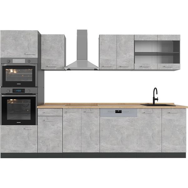Vicco Cucina Componibile R-Line, 300 Cm Con Armadio Alto, Pl Rovere, Calcestruzzo/Antracite-image